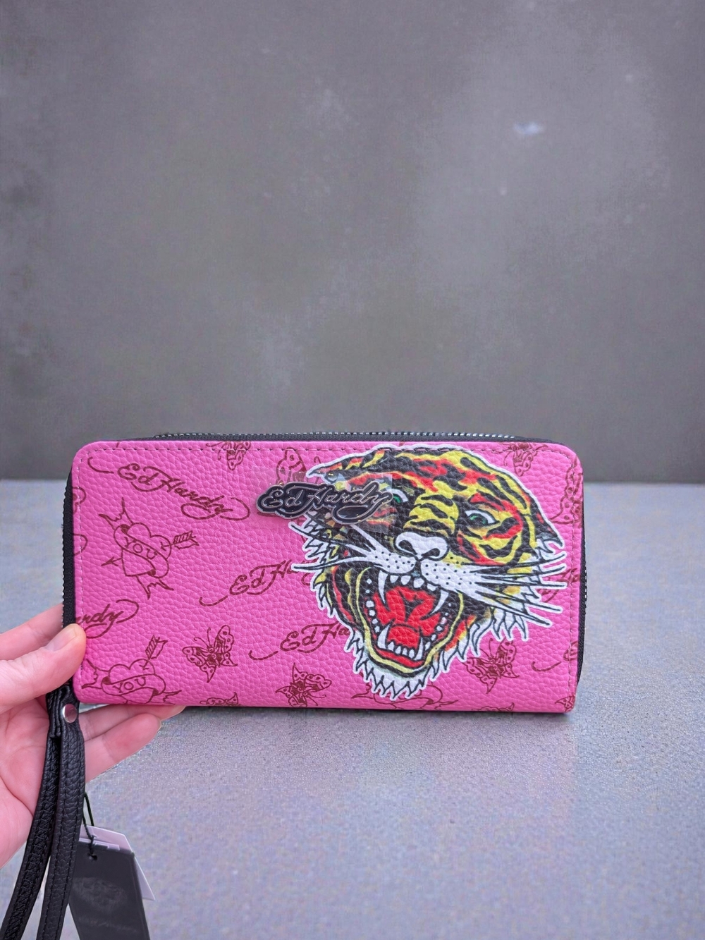Ed Hardy Pink Tiger Vegan Leather Zip Around Wallet Wristlet (NWT)